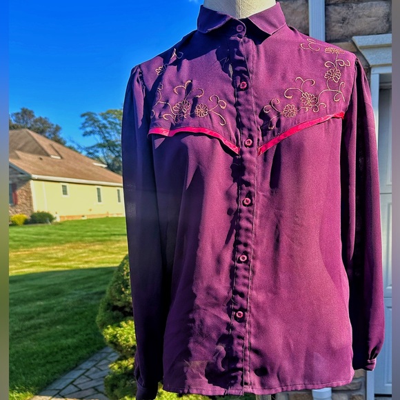 VINTAGE PURPLE PINK WESTERN COWGIRL BUTTON DOWN MEDIUM - Picture 2 of 4